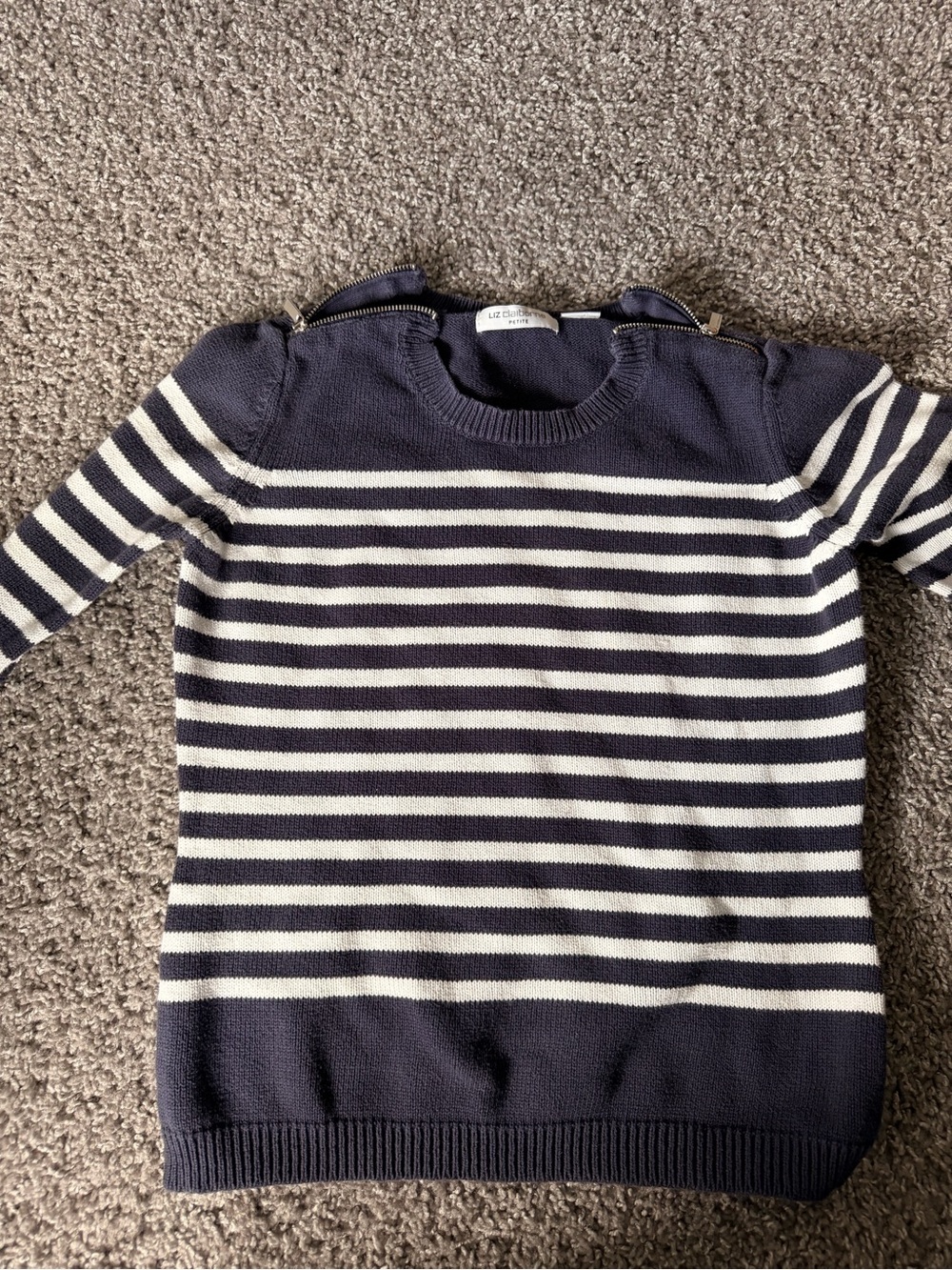Liz Claiborne Navy and White Striped Petite Knit Top - medium